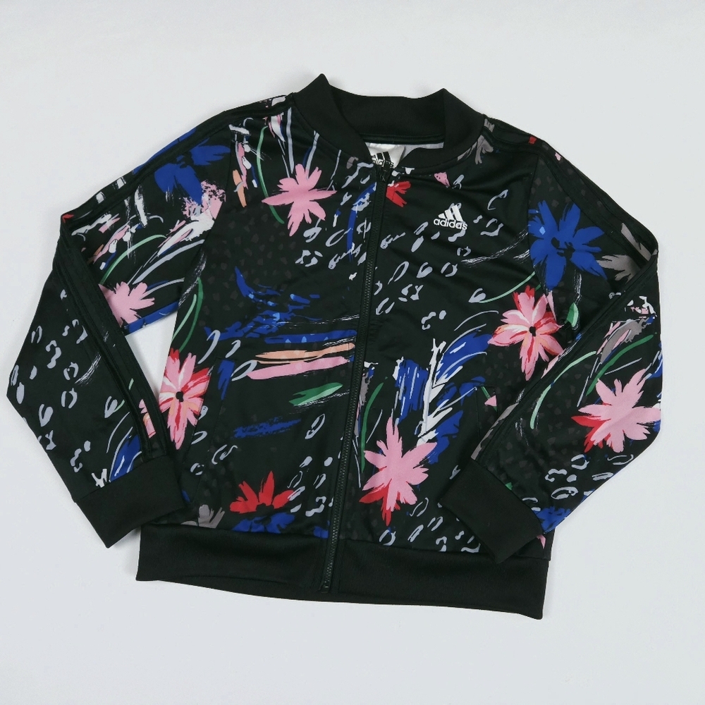 Adidas Girls Black Pink Spring Floral Tricot Tropical Track Jacket Size 10-12